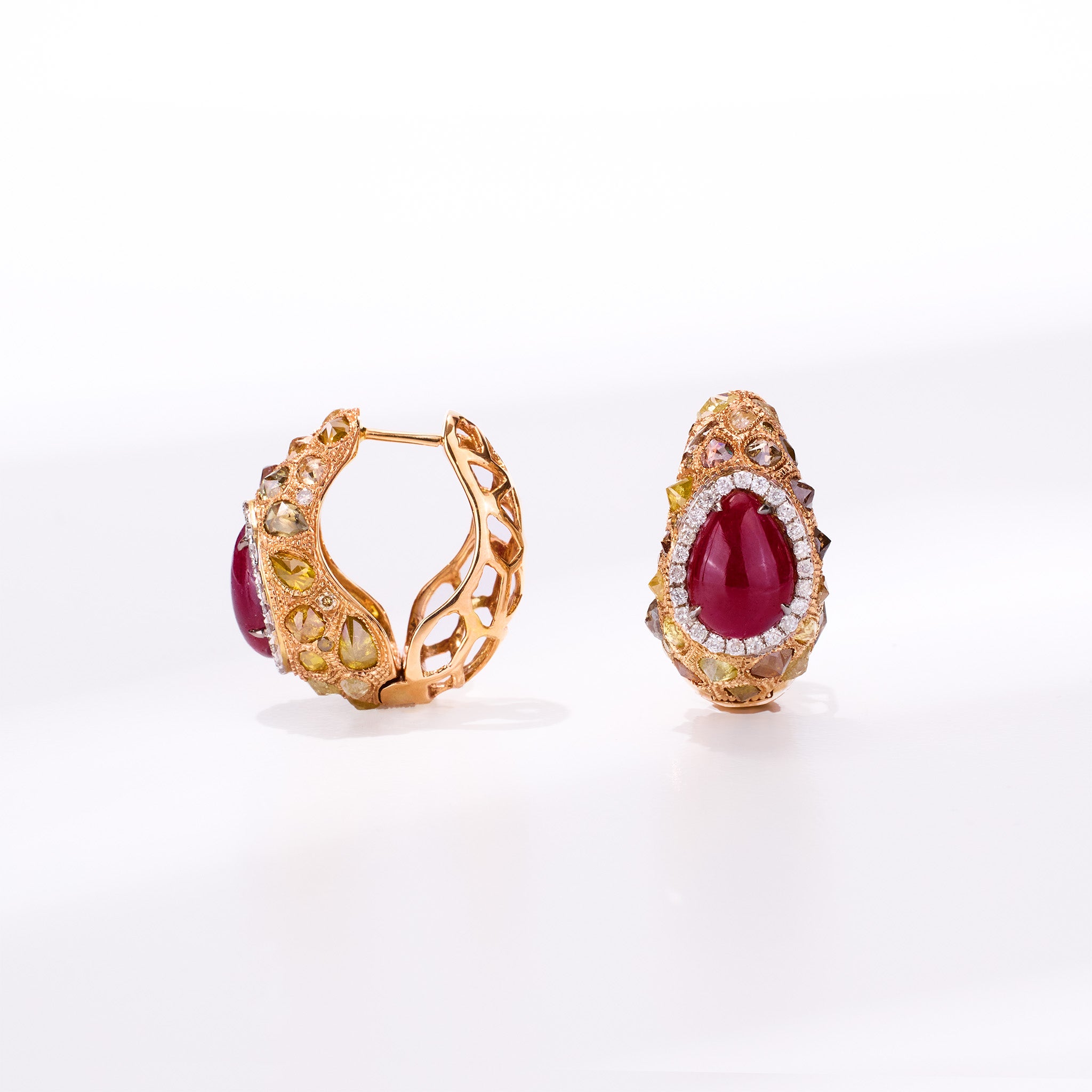 18K Gold Diamond and Ruby Hoop Earrings