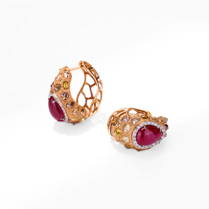 18K Gold Diamond and Ruby Hoop Earrings