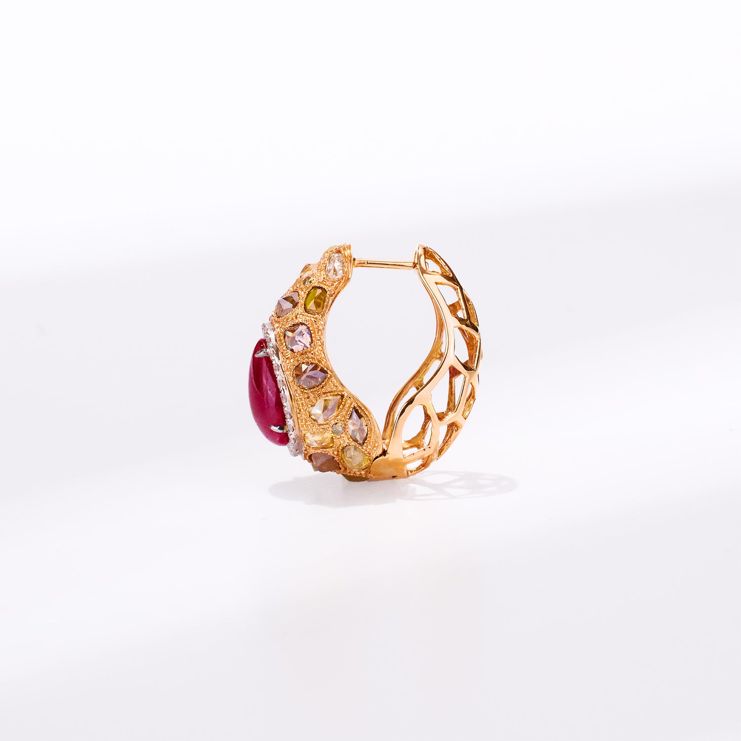 18K Gold Diamond and Ruby Hoop Earrings