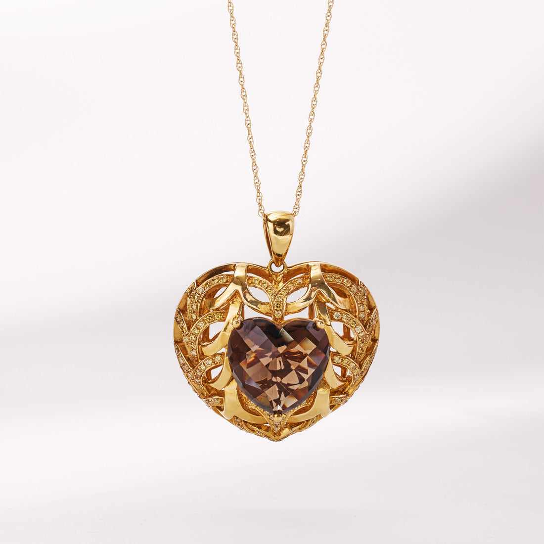 18K Gold Smoky Quartz and Diamond Heart Pendant