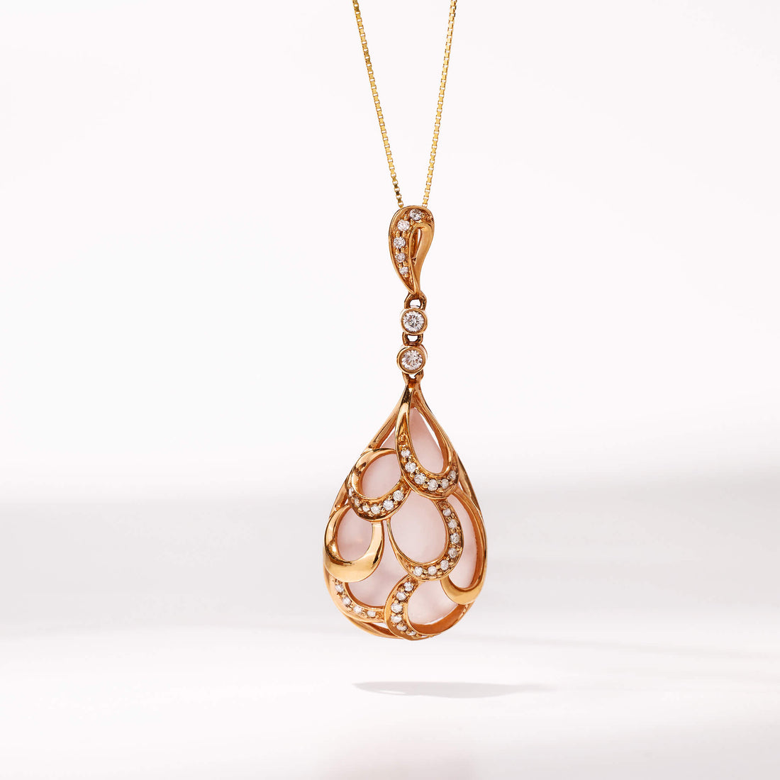 18K Gold Rose Quartz and Diamond Pendant