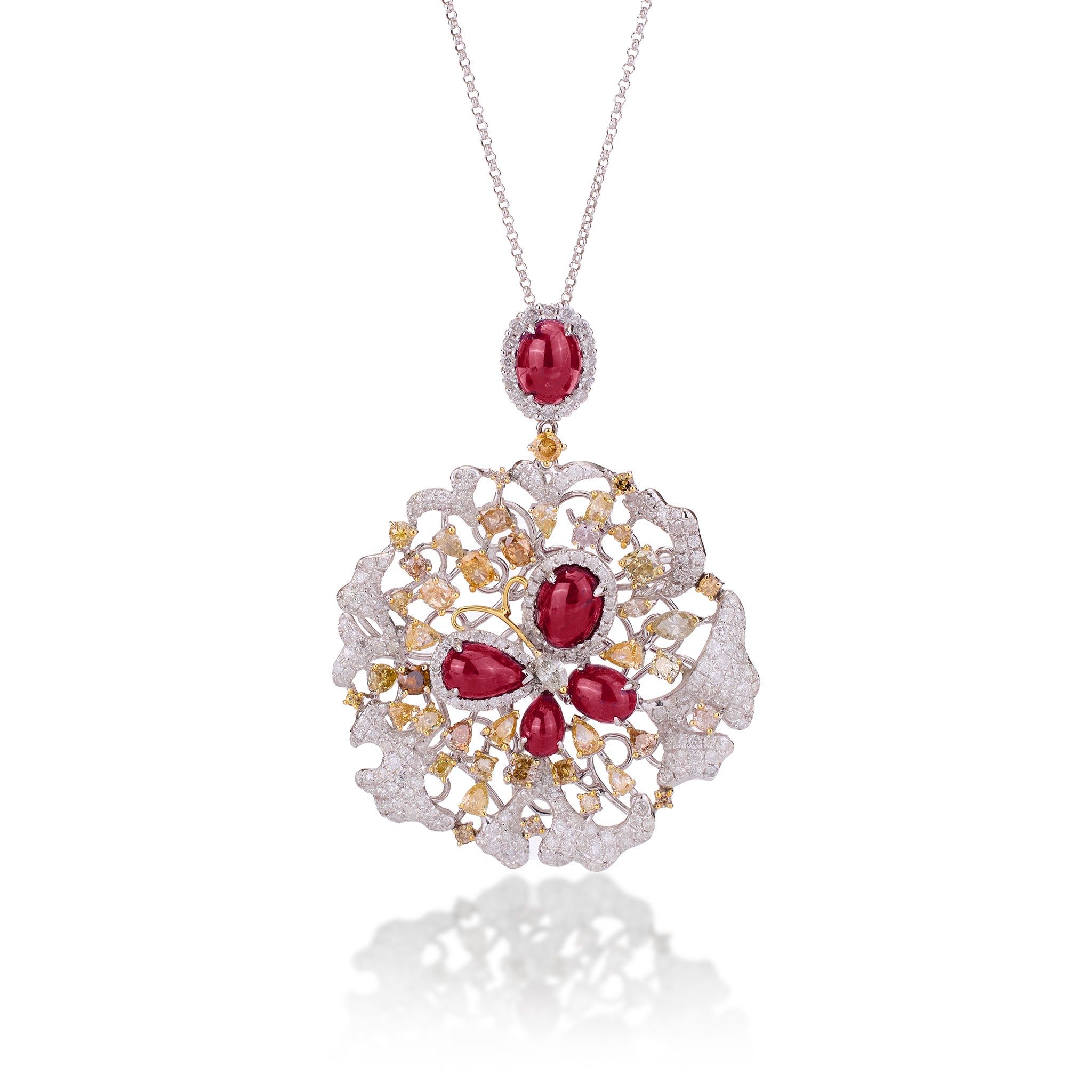 18K Gold Diamond and Ruby Floral Pendant