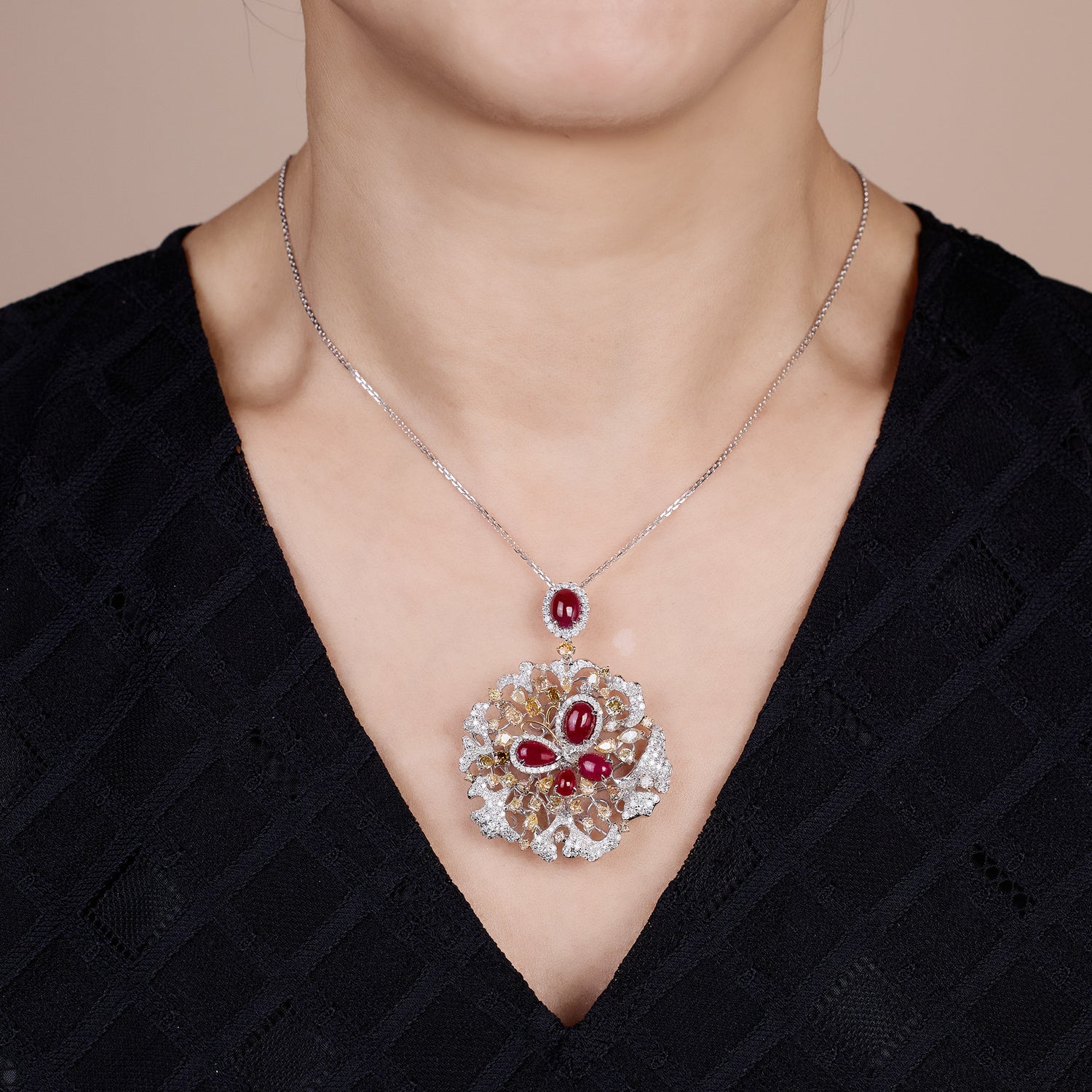 18K Gold Diamond and Ruby Floral Pendant