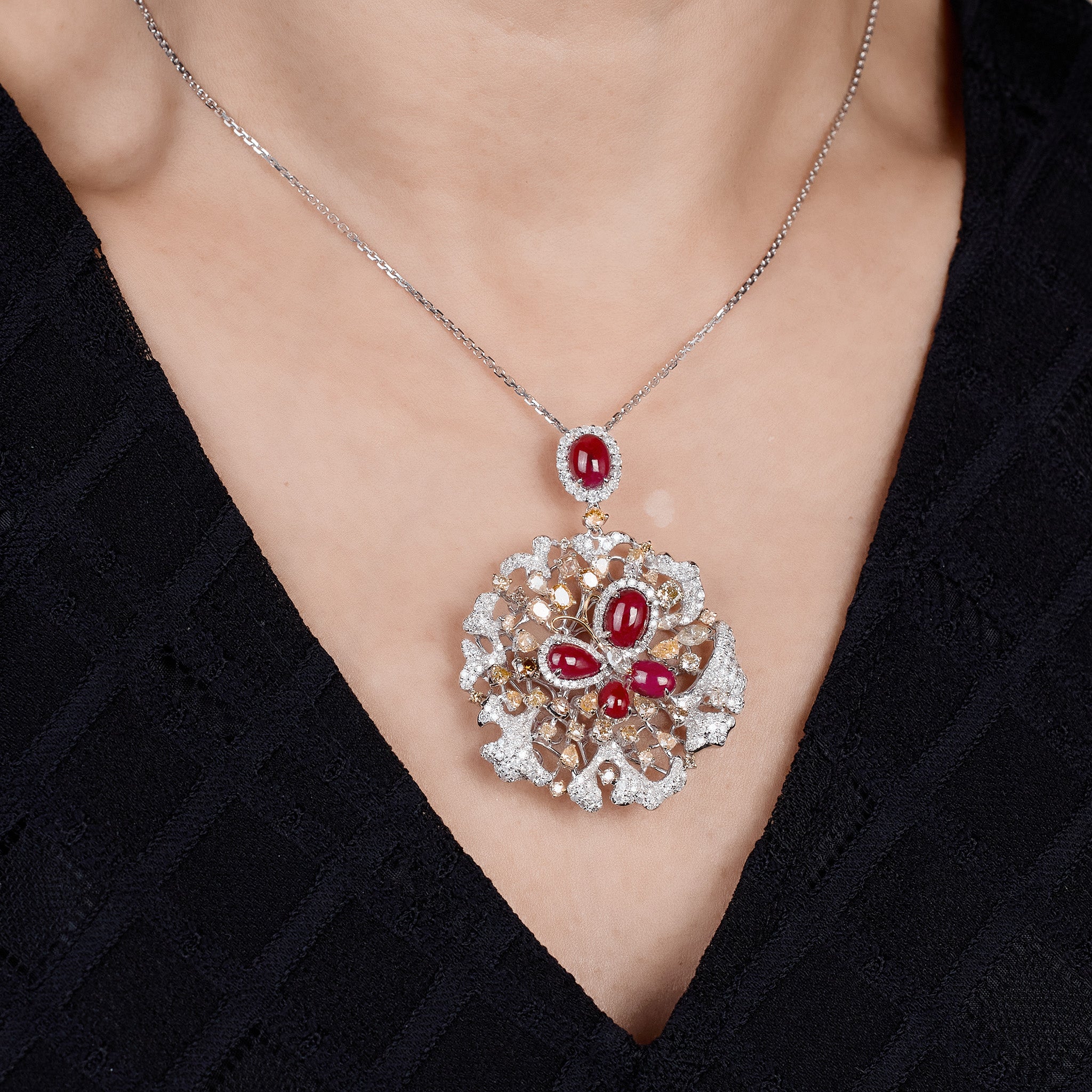 18K Gold Diamond and Ruby Floral Pendant