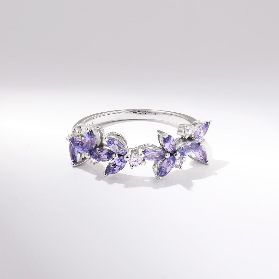 18K Gold Marquise Floral Ring with Natural Diamond and Lavender