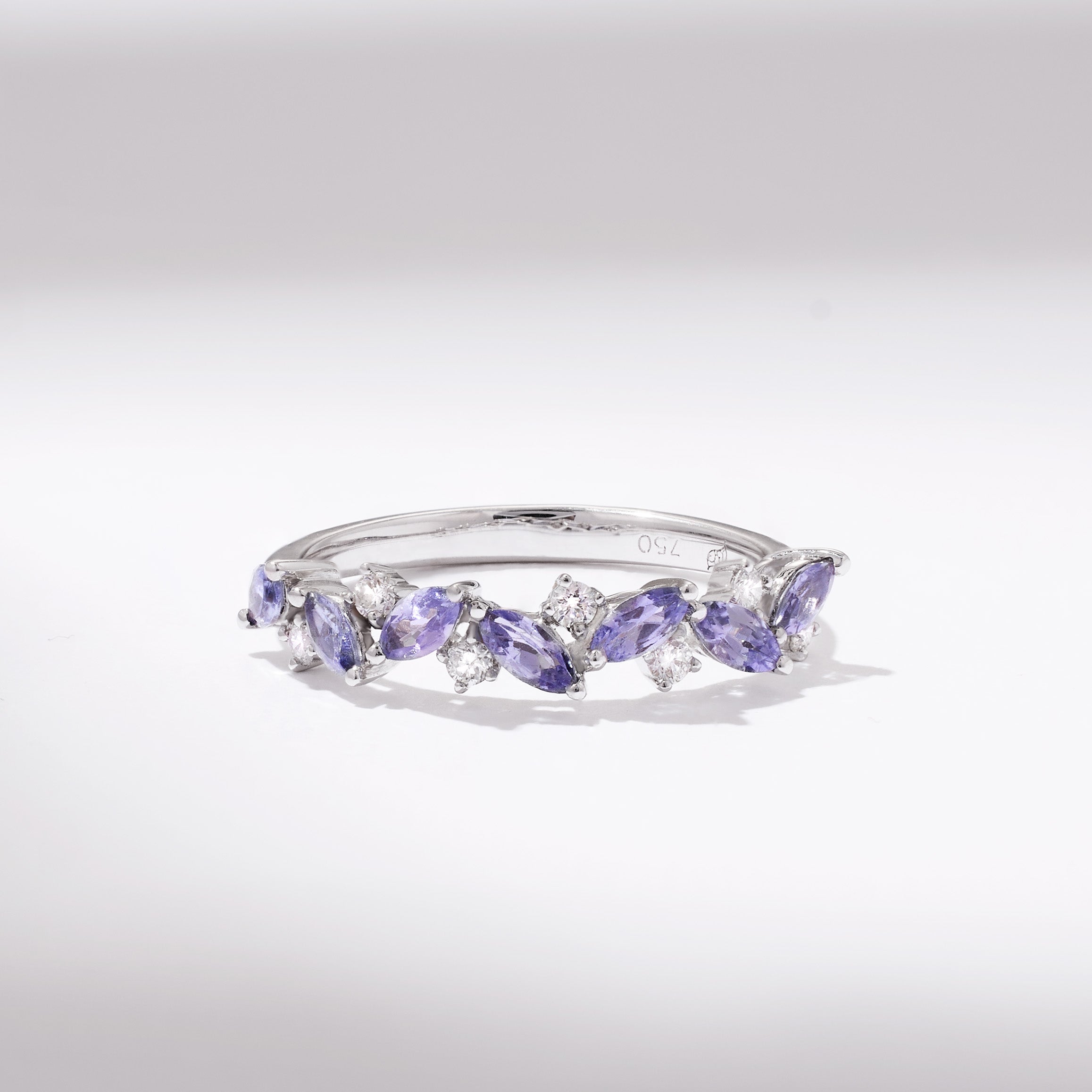 18K Gold Marquise Floral Ring with Natural Diamond and Lavender