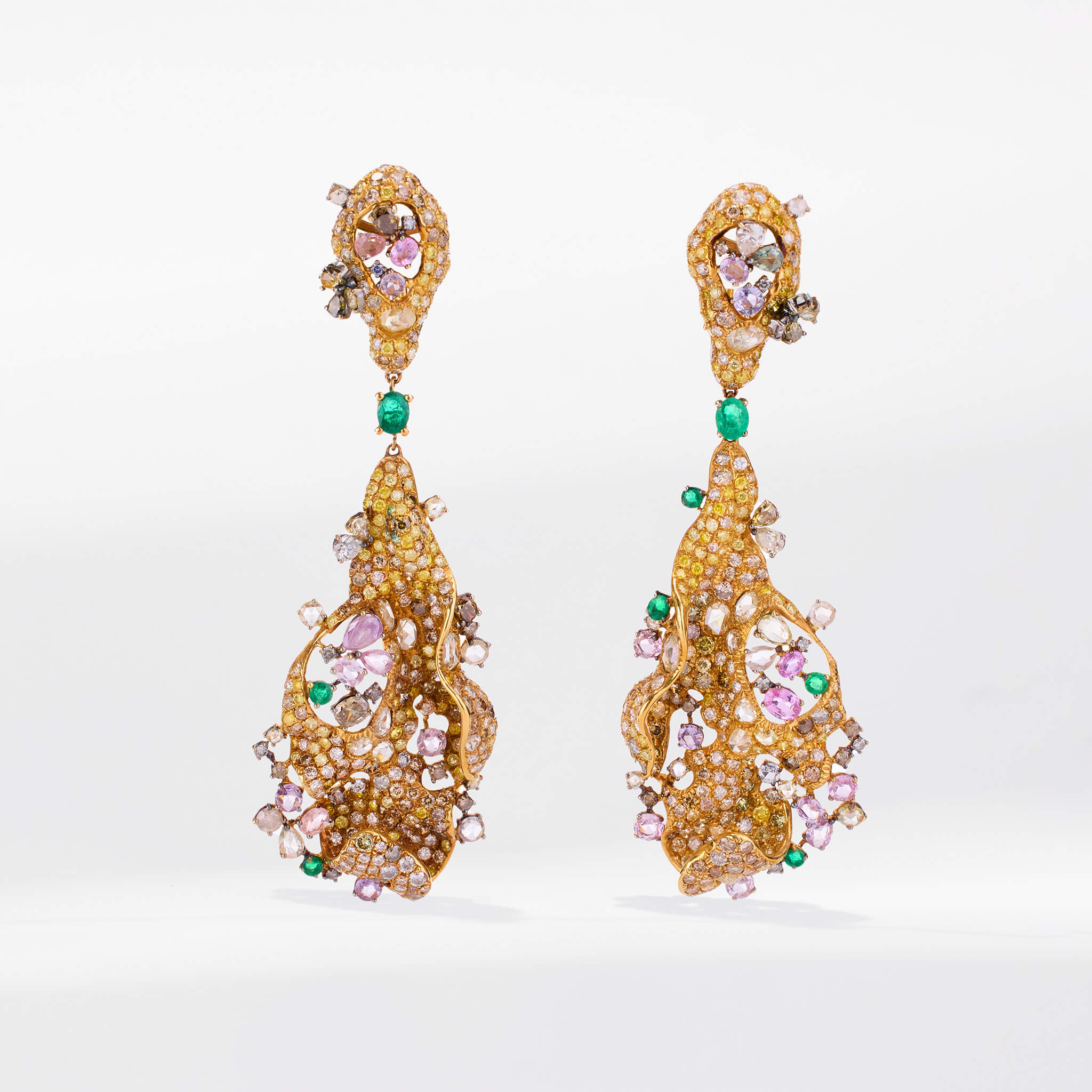 18K Gold Color Sapphire, Diamond &amp; Emerald Evening Party Earrings