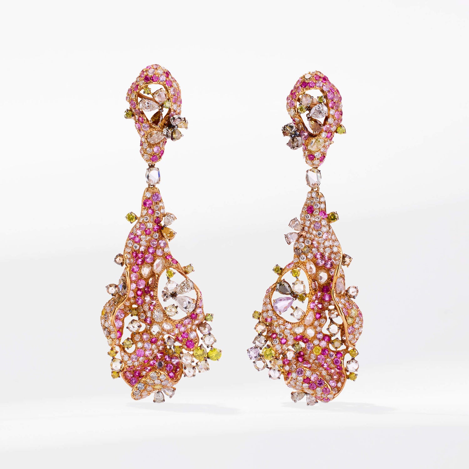 18K Gold Color Sapphire, Diamond &amp; Ruby Evening Party Earrings