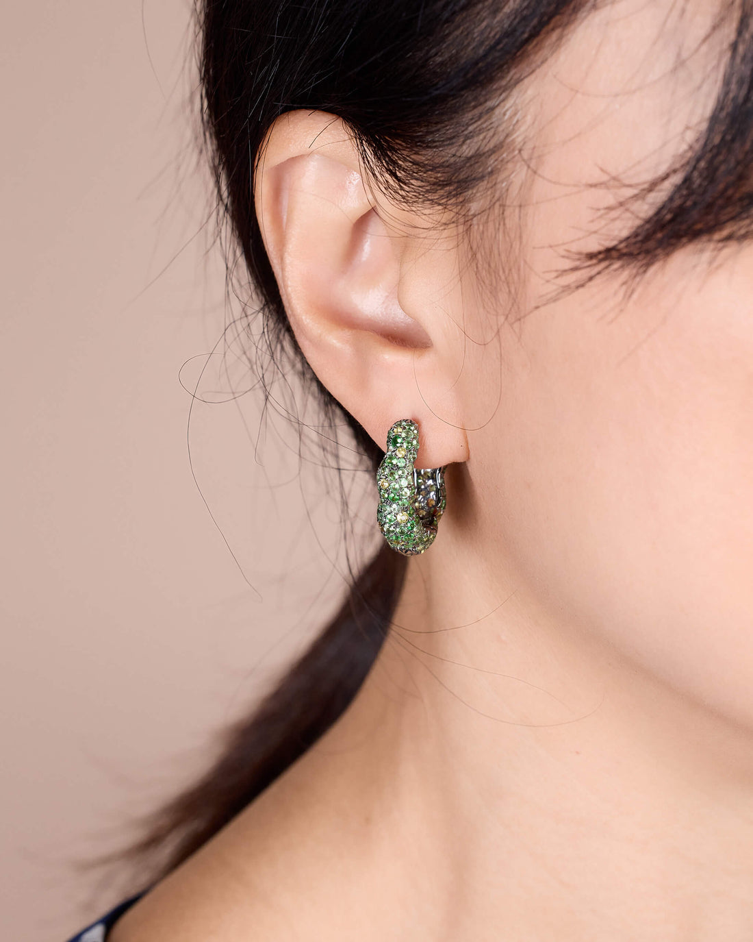 18K Gold Green Sapphire &amp; Diamond Hoop Earrings