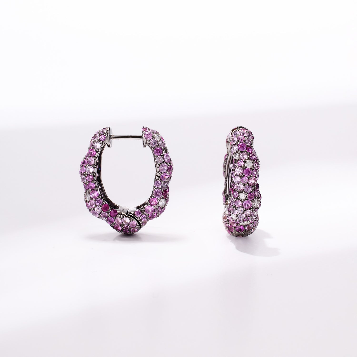 18K Gold Pink Sapphire &amp; Diamond Hoop Earrings