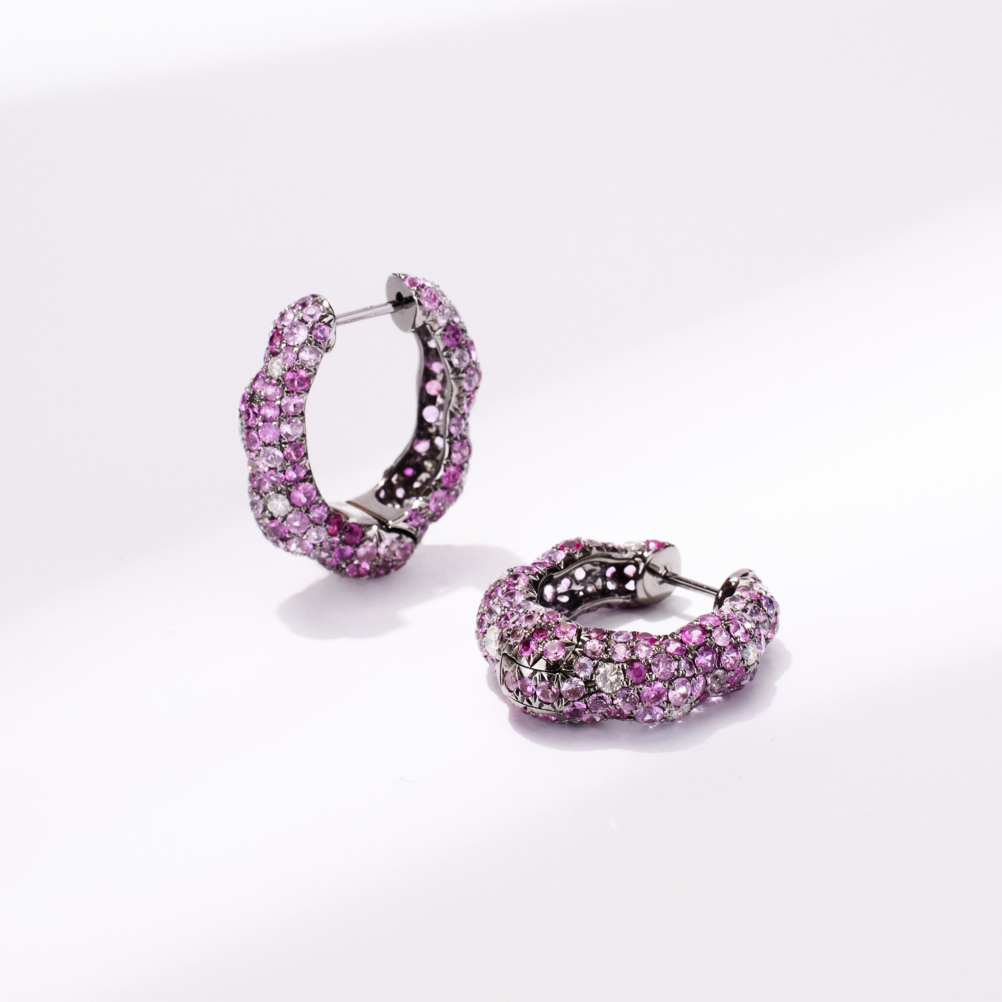 18K Gold Pink Sapphire &amp; Diamond Hoop Earrings