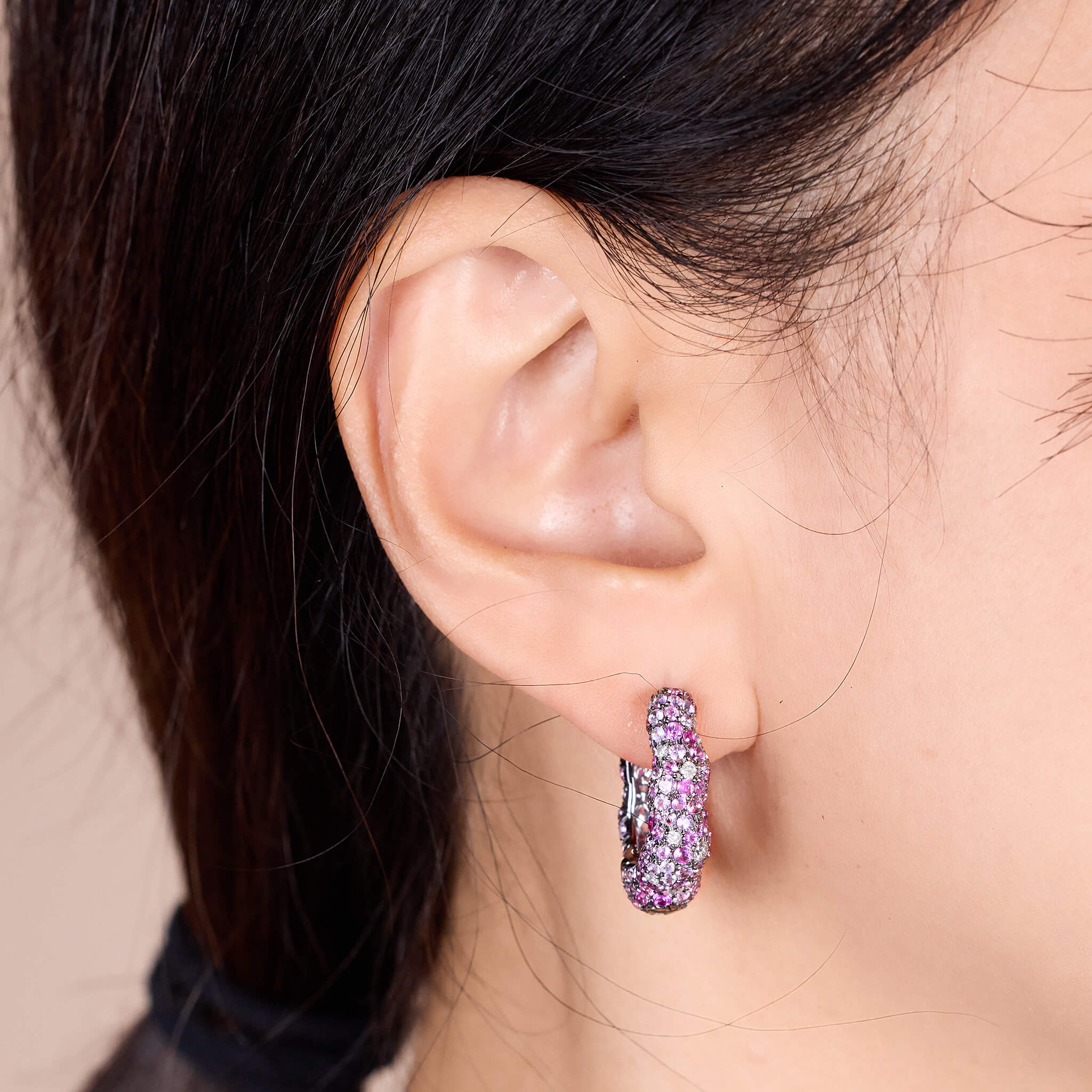 18K Gold Pink Sapphire &amp; Diamond Hoop Earrings