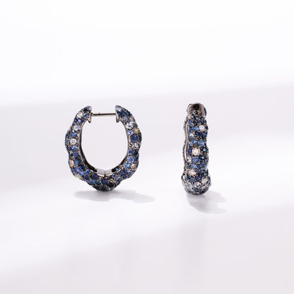 18K Gold Blue Sapphire &amp; Diamond Hoop Earrings