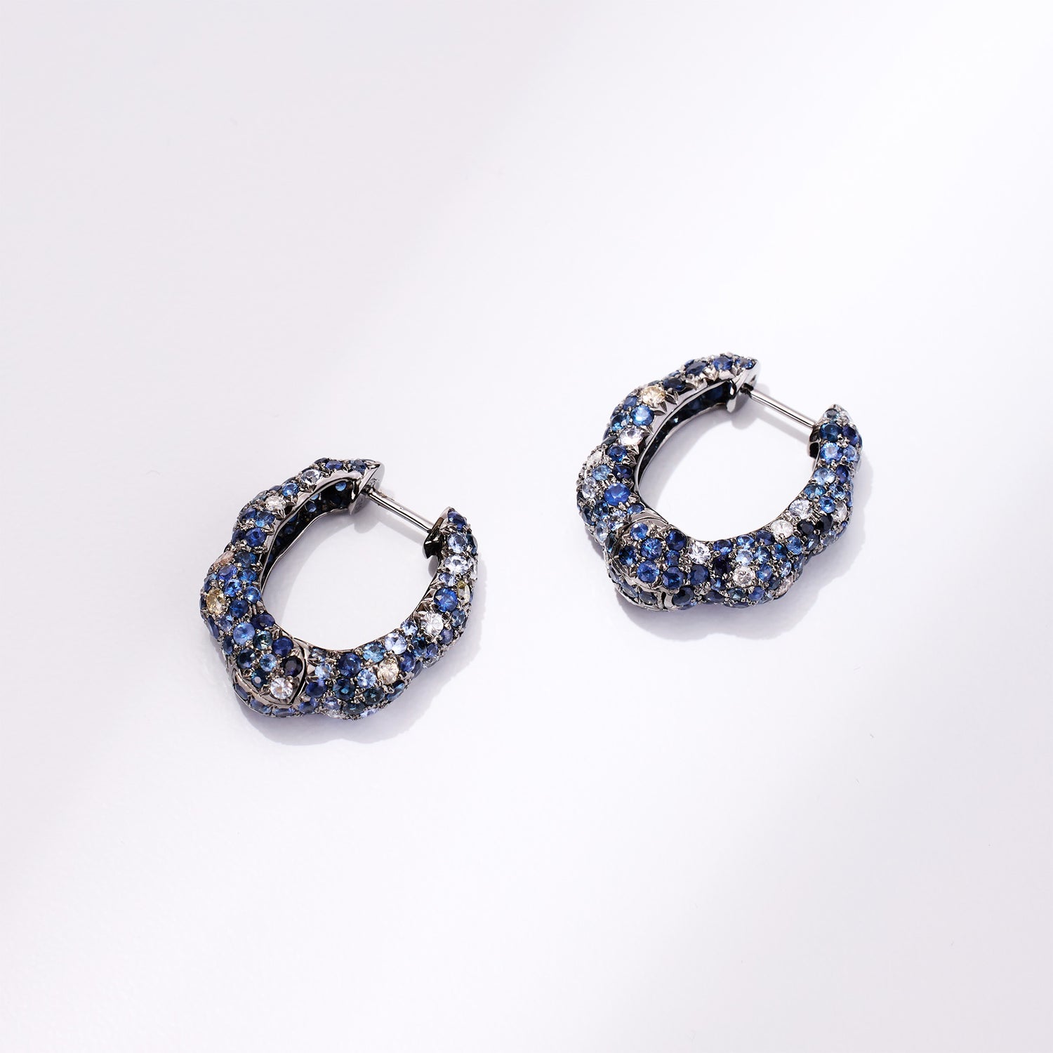 18K Gold Blue Sapphire &amp; Diamond Hoop Earrings