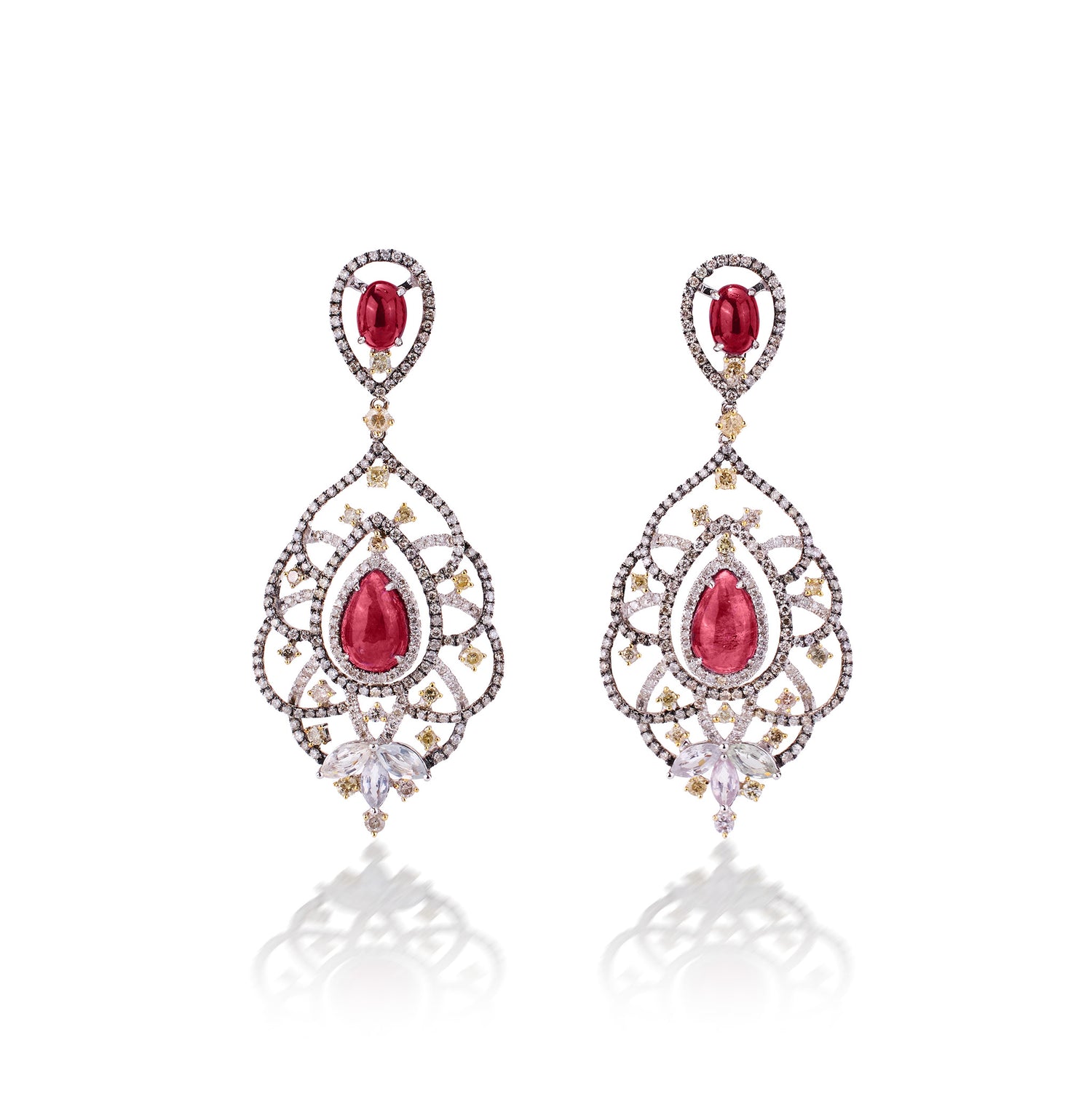 18K Gold Diamond and Ruby Drop Earrings