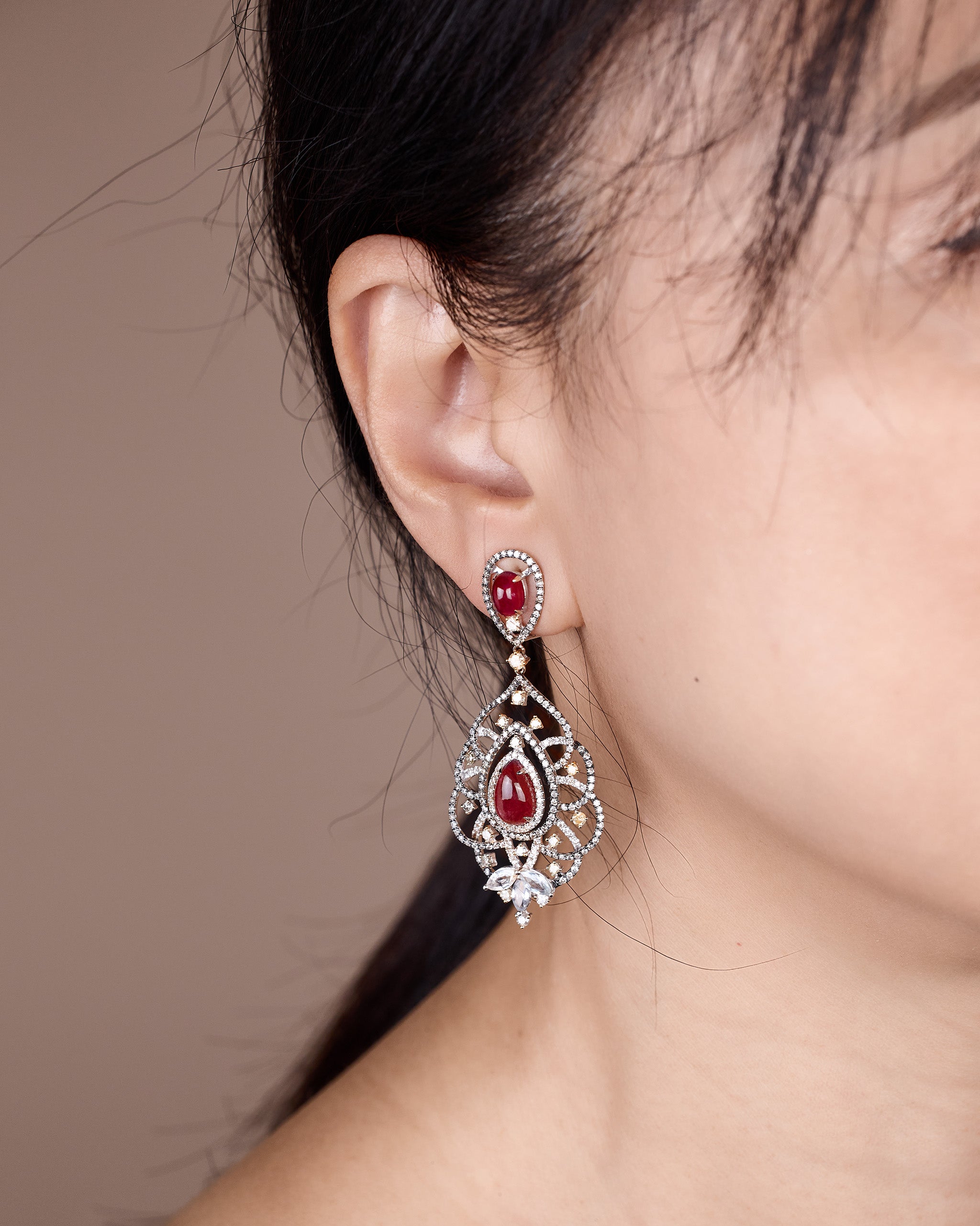 18K Gold Diamond and Ruby Drop Earrings