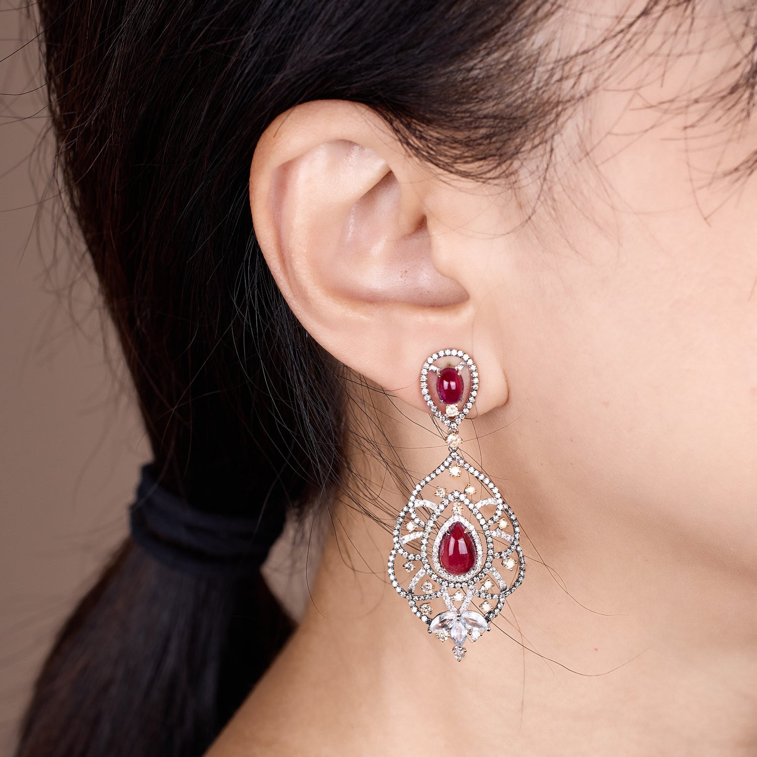 18K Gold Diamond and Ruby Drop Earrings