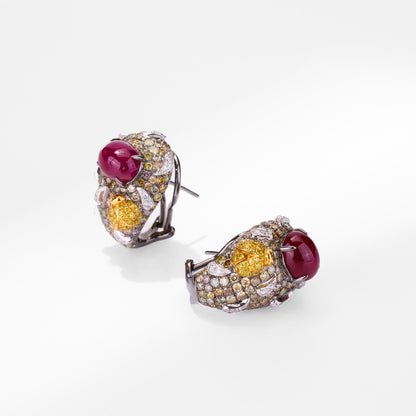 18K Gold Diamond and Ruby Hoop Earrings