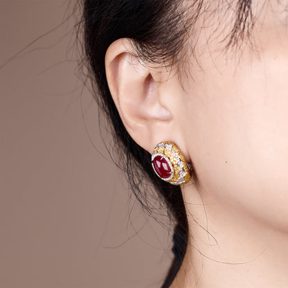 18K Gold Diamond and Ruby Hoop Earrings