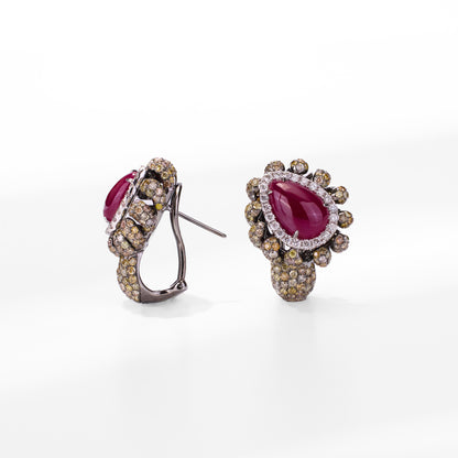 18K Gold Diamond and Ruby Hoop Earrings