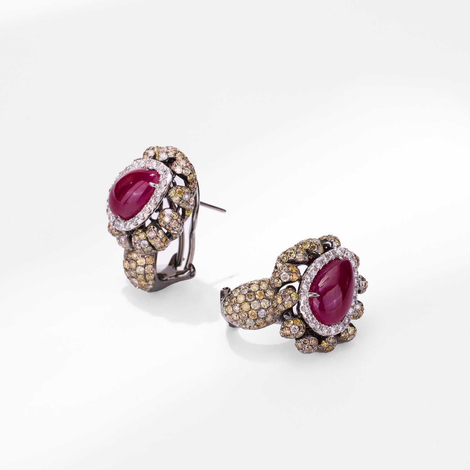 18K Gold Diamond and Ruby Hoop Earrings