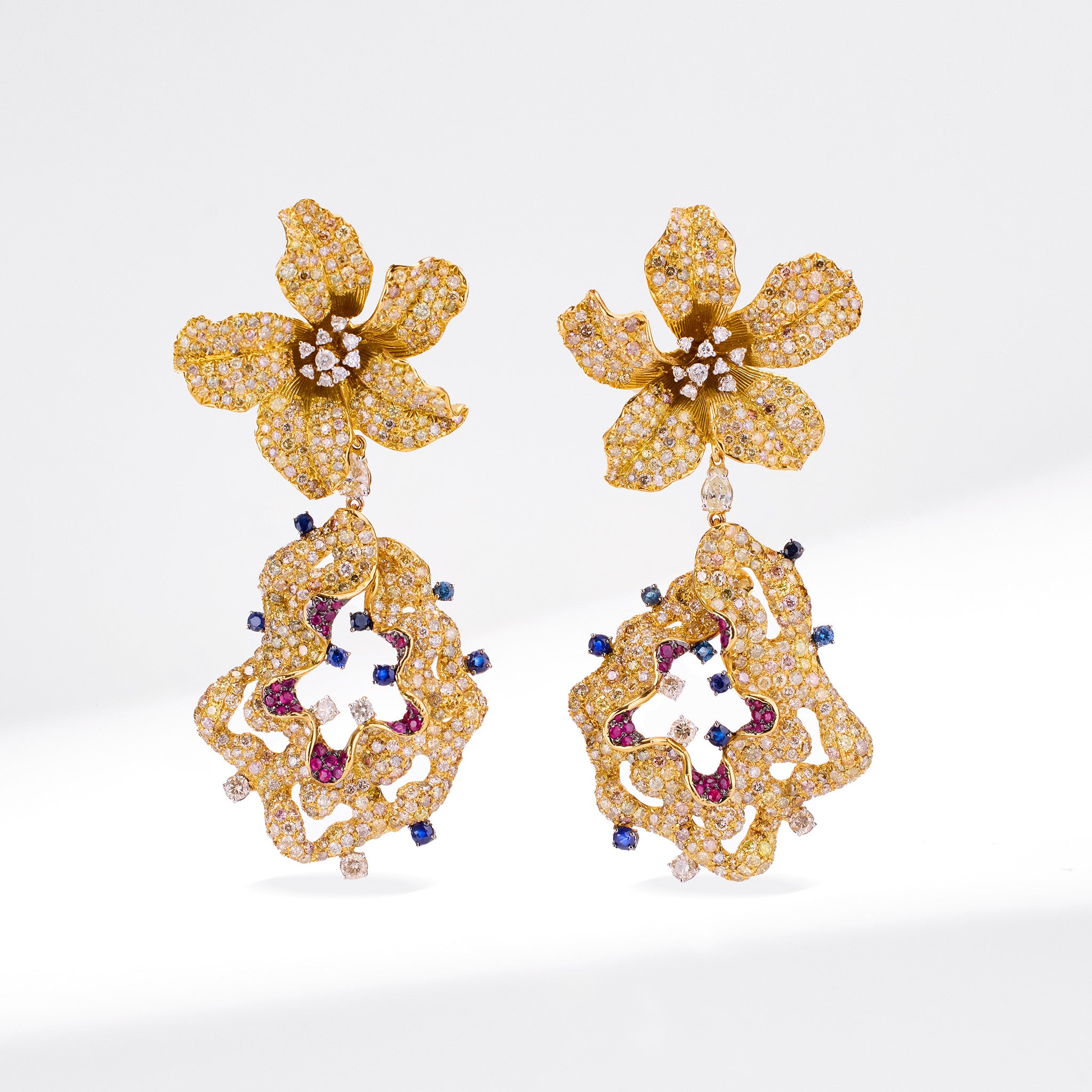 18K Gold Color Sapphire, Diamond &amp; Ruby Evening Party Earrings