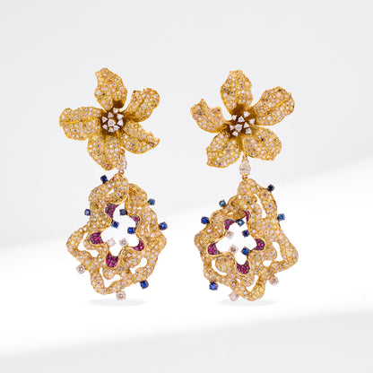 18K Gold Color Sapphire, Diamond &amp; Ruby Evening Party Earrings