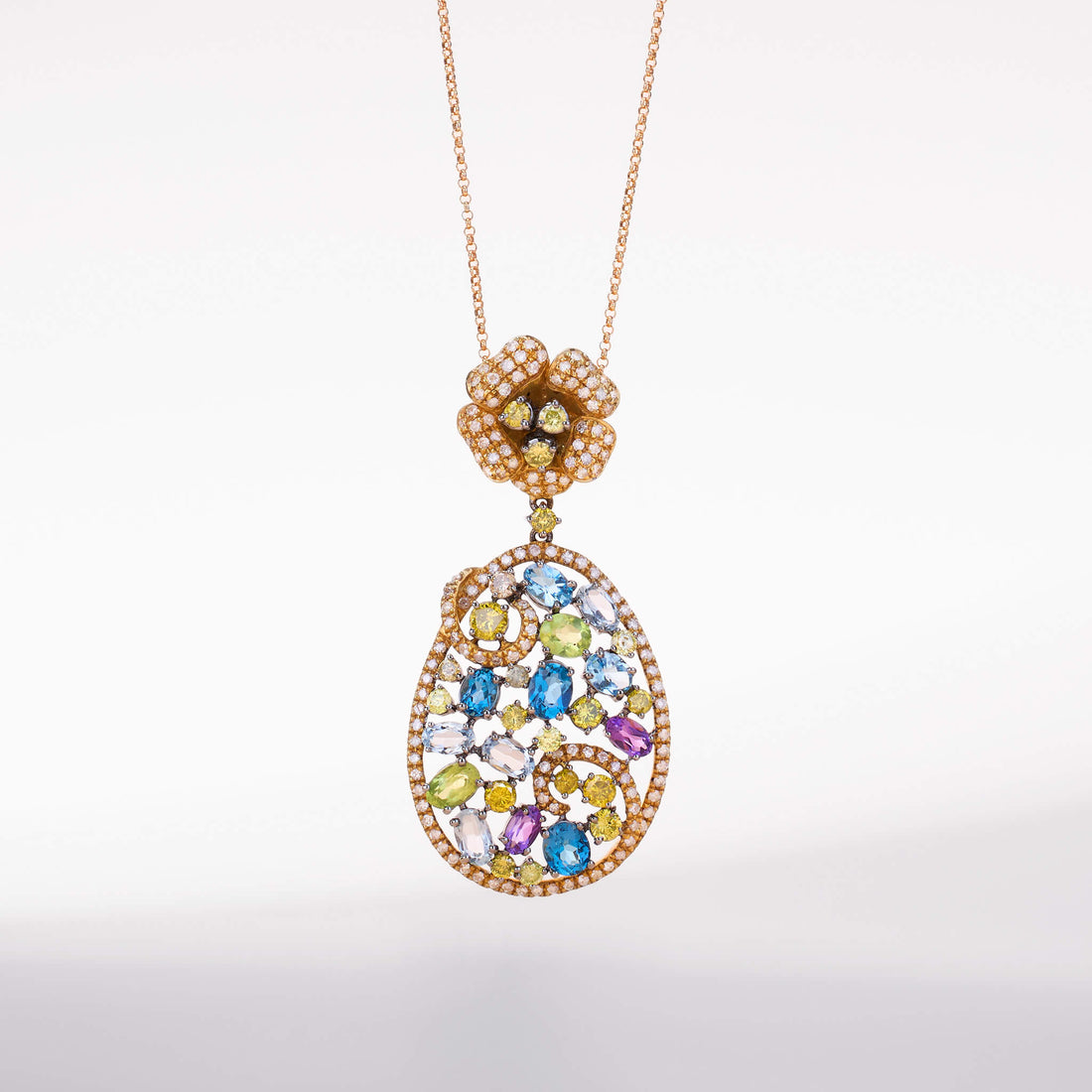 18K Gold Yellow Diamond &amp; Colorstone Flower Pendant