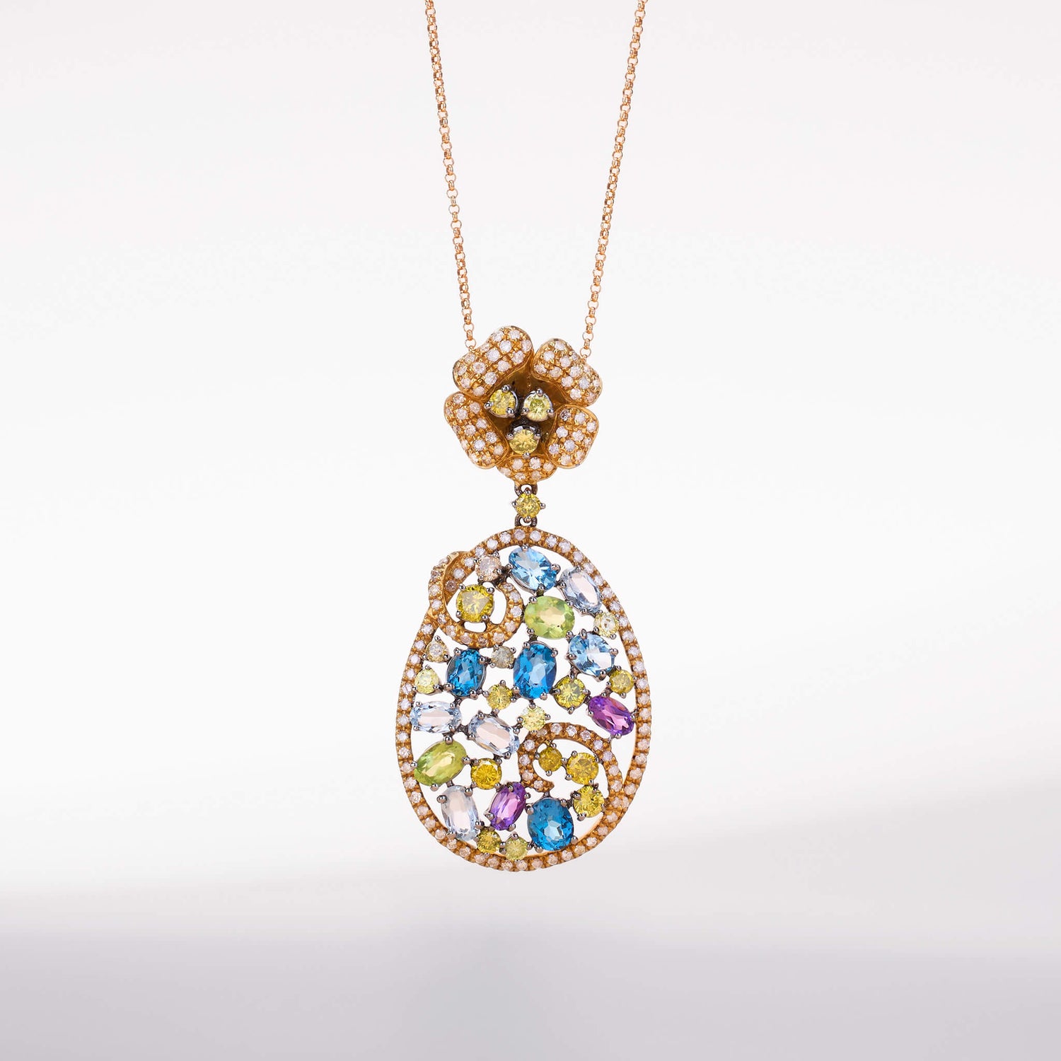 18K Gold Yellow Diamond &amp; Colorstone Flower Pendant