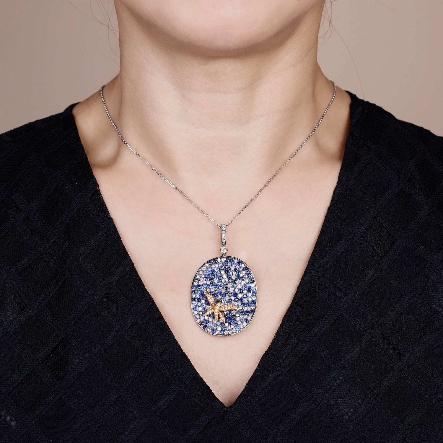 18K Gold Blue Sapphire &amp; Diamond Pendant