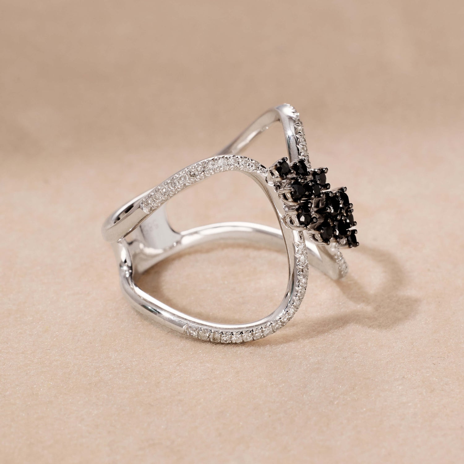 14K Gold Statement Ring with White and Black Diamonds