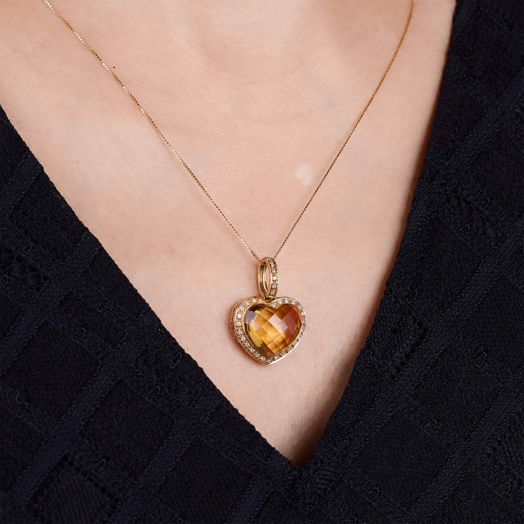 18K Gold Citrine and Diamond Heart Pendant