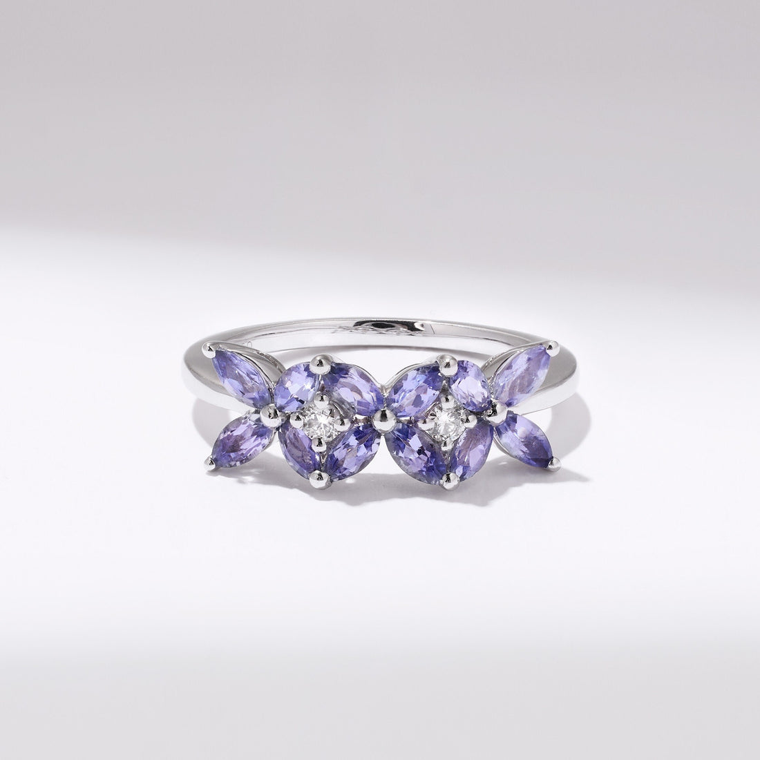 18K Gold Flowers Ring with Nature  Marquise Tanzanite and Diamond