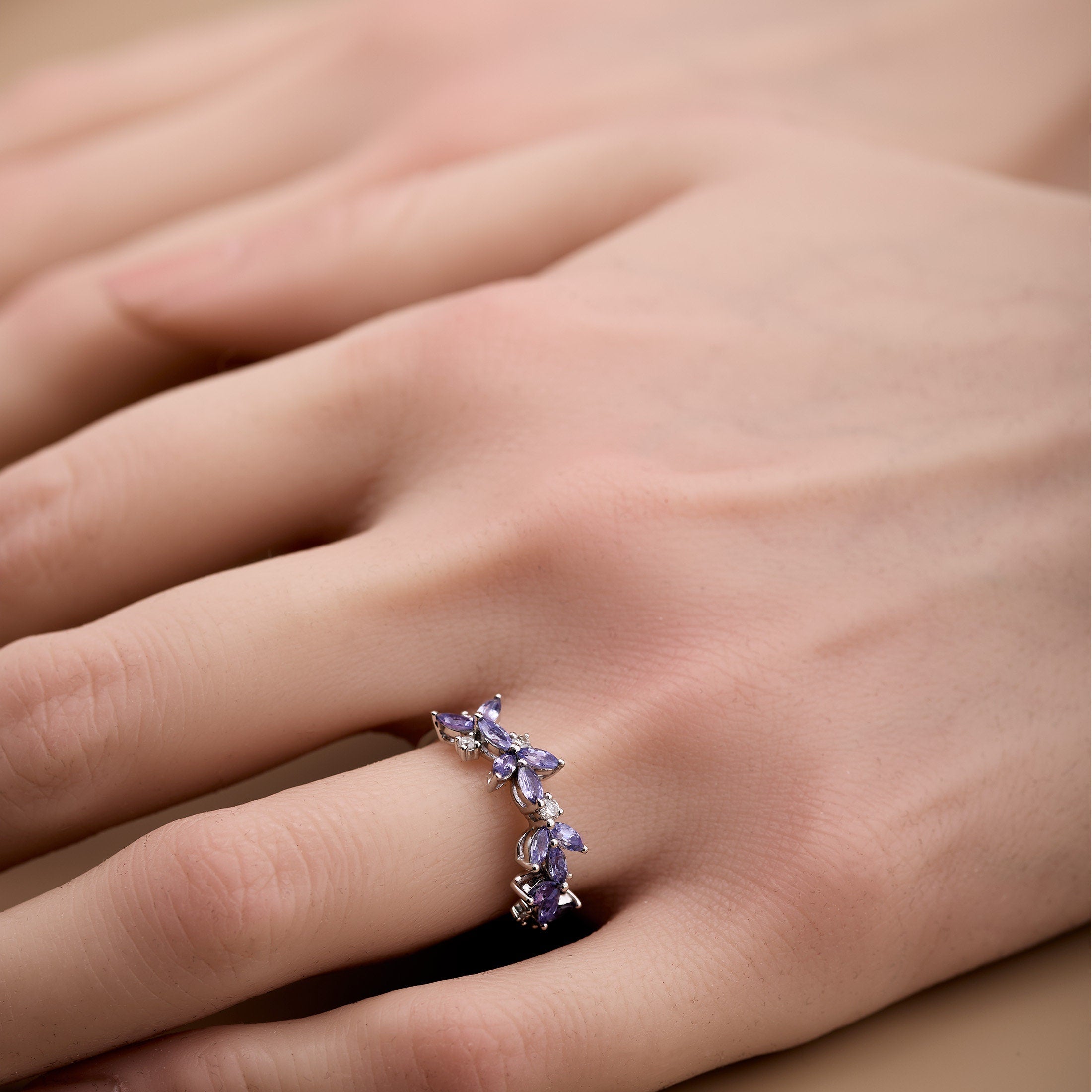 18K Gold Marquise Floral Ring with Natural Diamond and Lavender