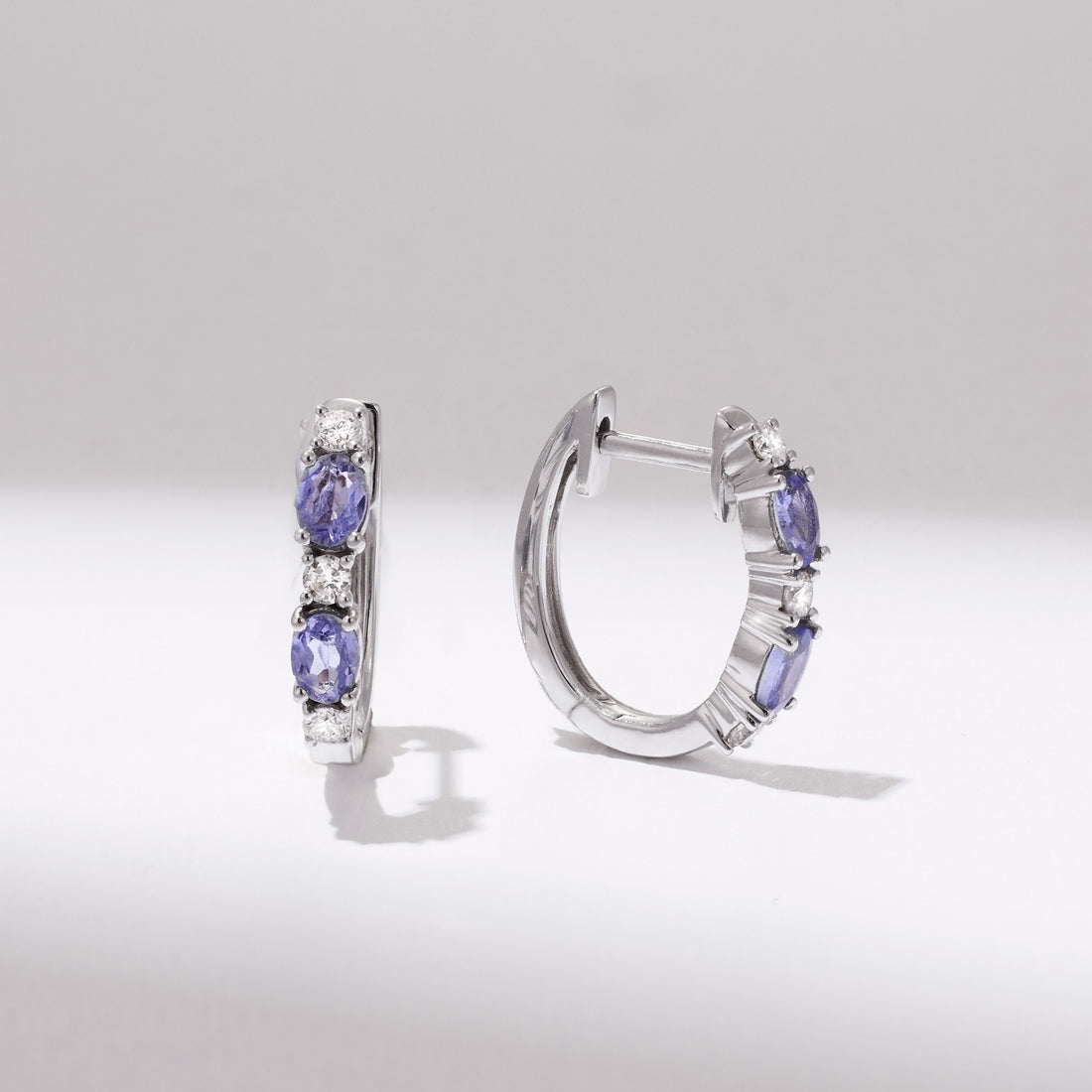 18K Gold Lavender Tanzanite and Diamond Alternating Hoop Earrings