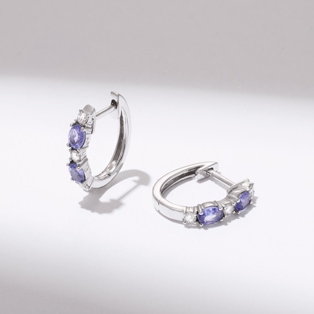 18K Gold Lavender Tanzanite and Diamond Alternating Hoop Earrings