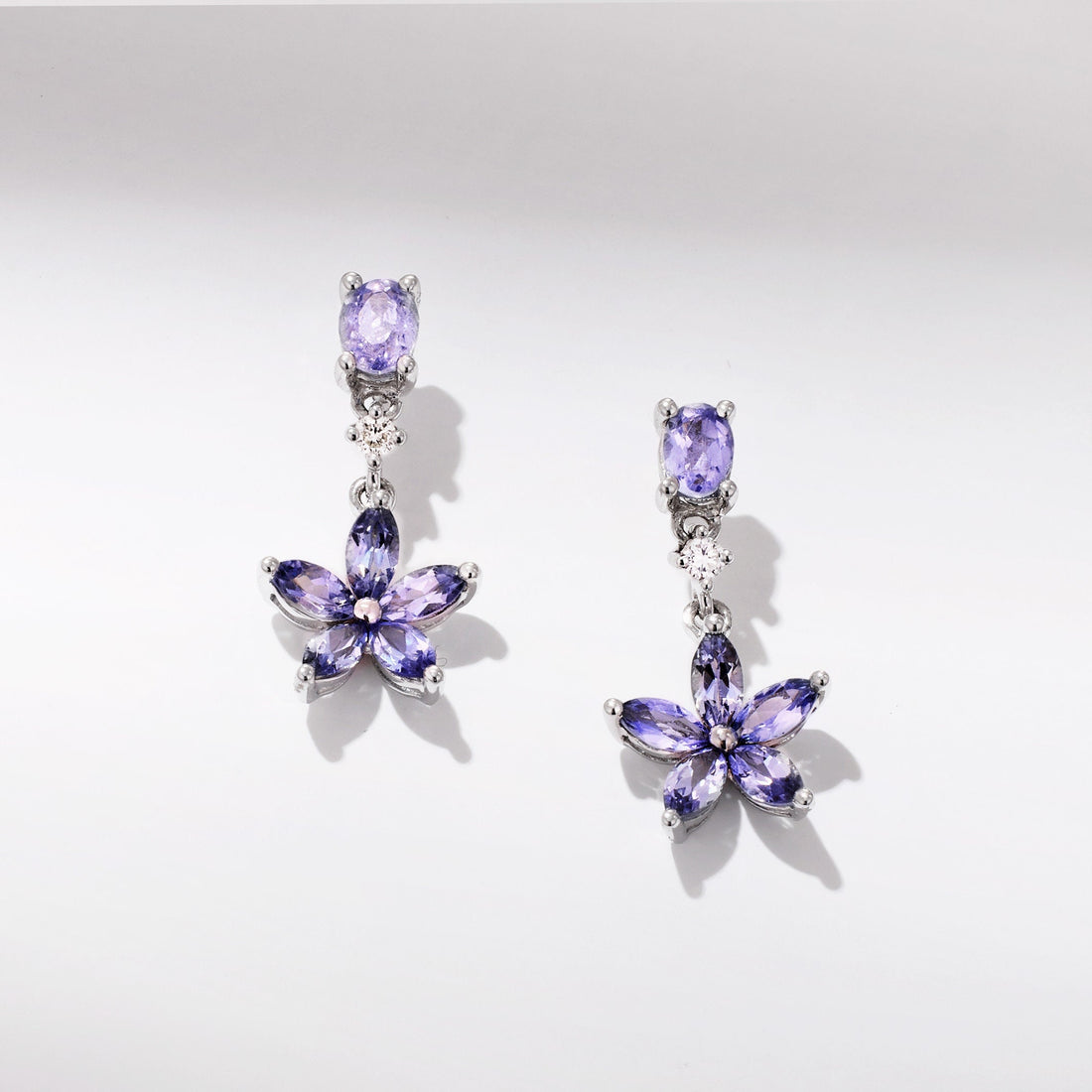 18K Gold Multi-shaped Lavender Tanzanite Flower Drop Earrings