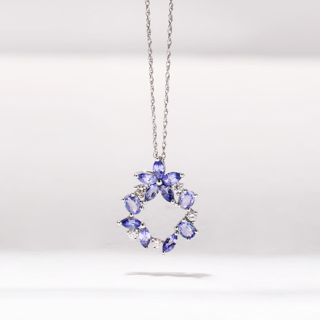 18K White Gold Petite Flower Pendant with Nature Tanzanite and Diamond