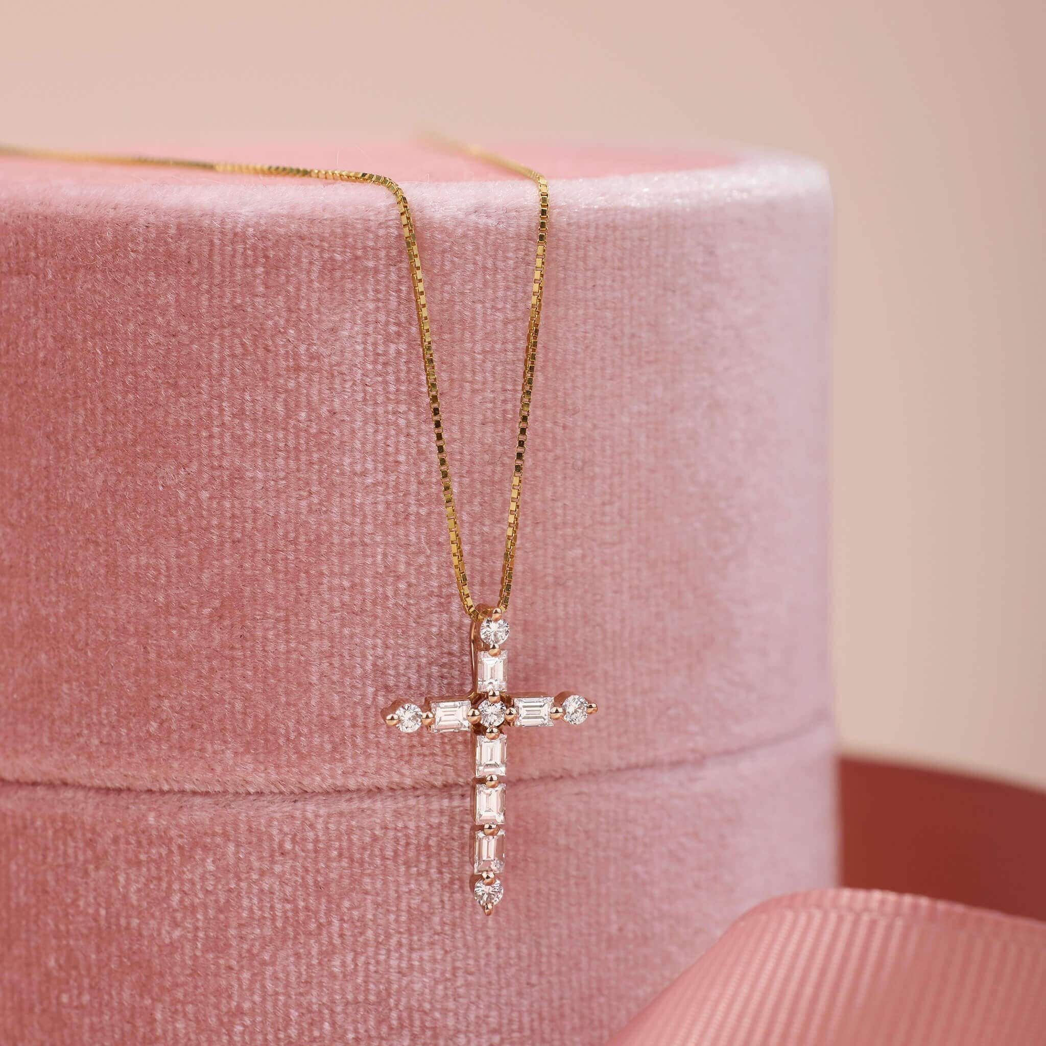 14K Gold Minimalist Cross Pendant with Natural Diamond