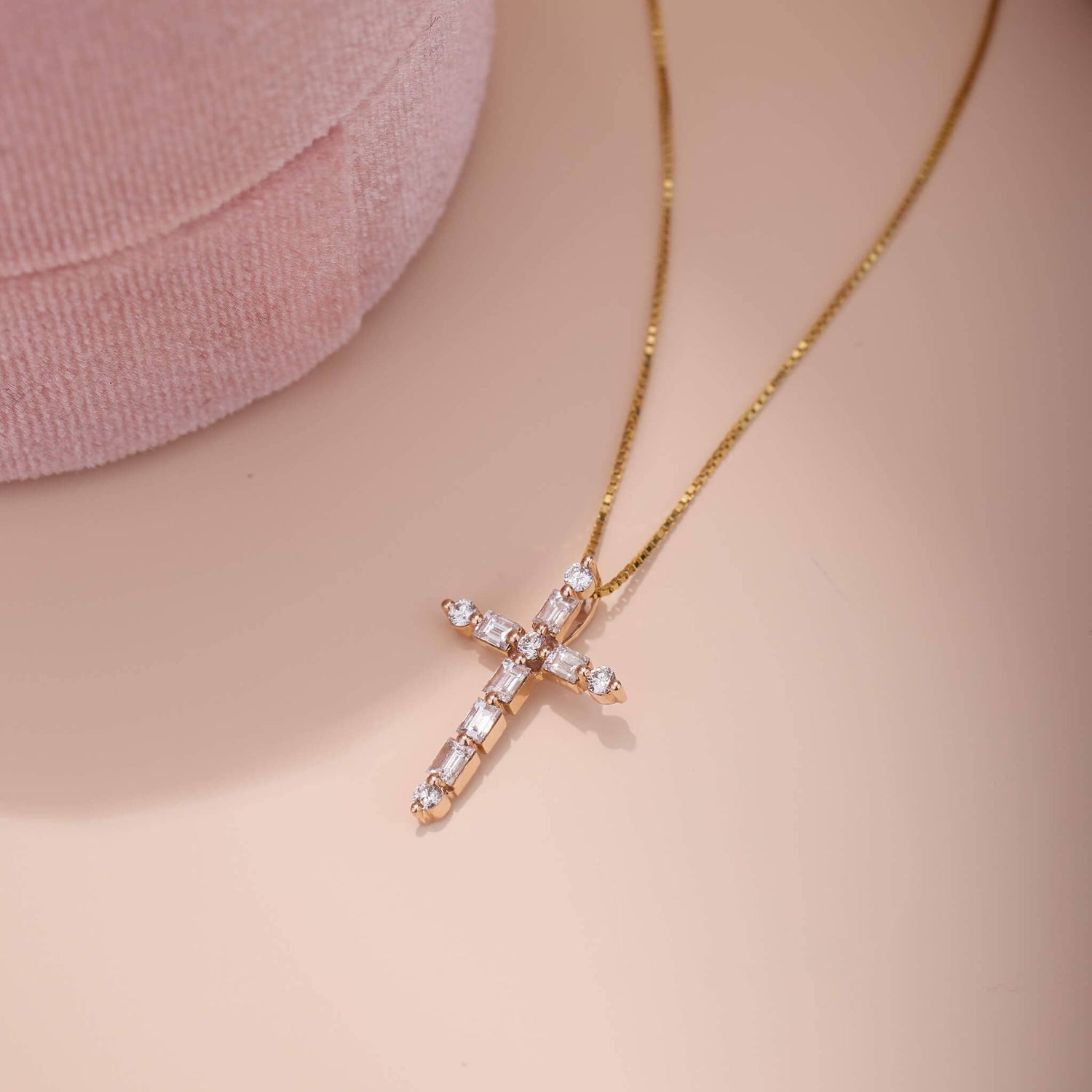 14K Gold Minimalist Cross Pendant with Natural Diamond