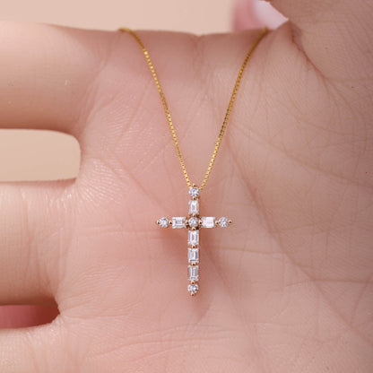 14K Gold Minimalist Cross Pendant with Natural Diamond