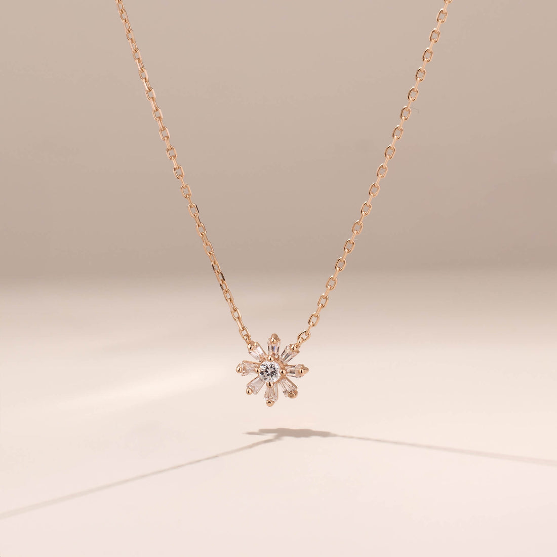 925 Silver Baguette CZ Diamond Flower Necklace