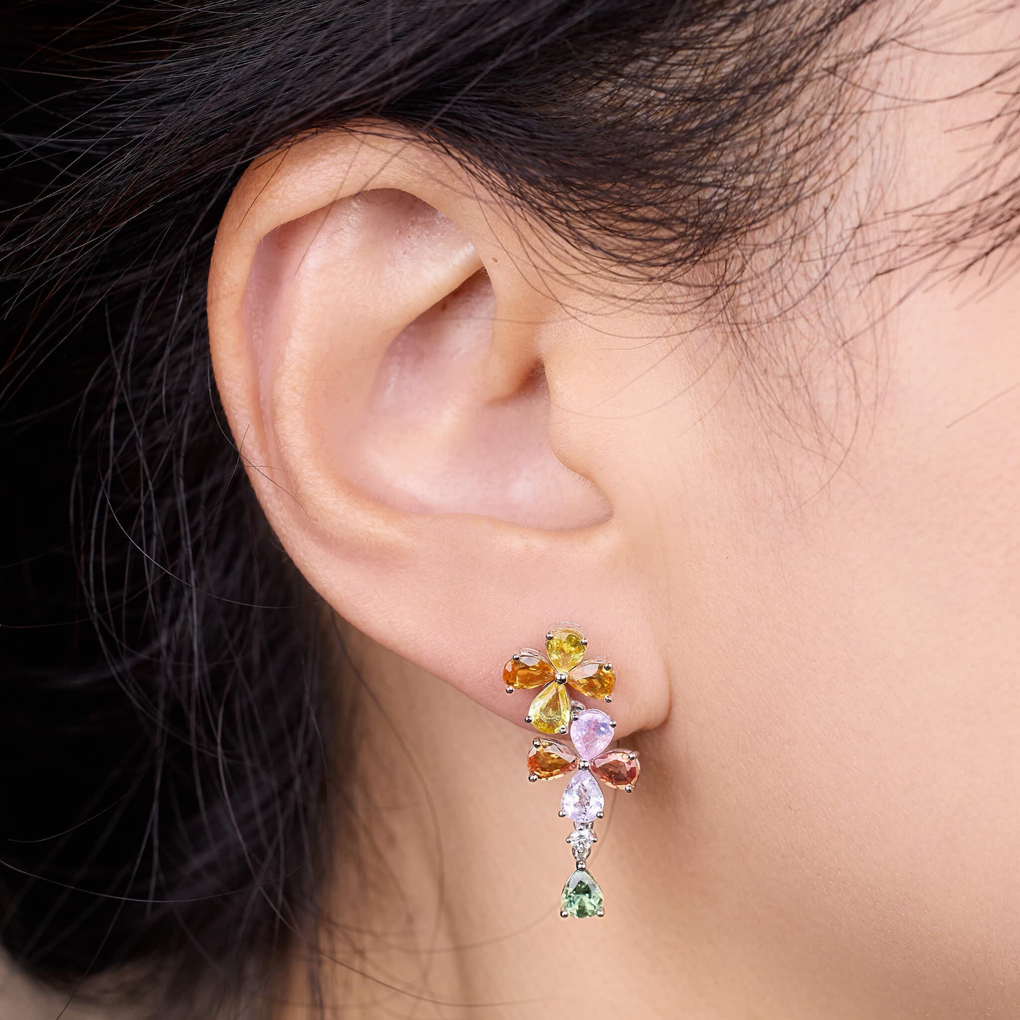 18K Gold Fancy Sapphire and Diamond Flower Earrings