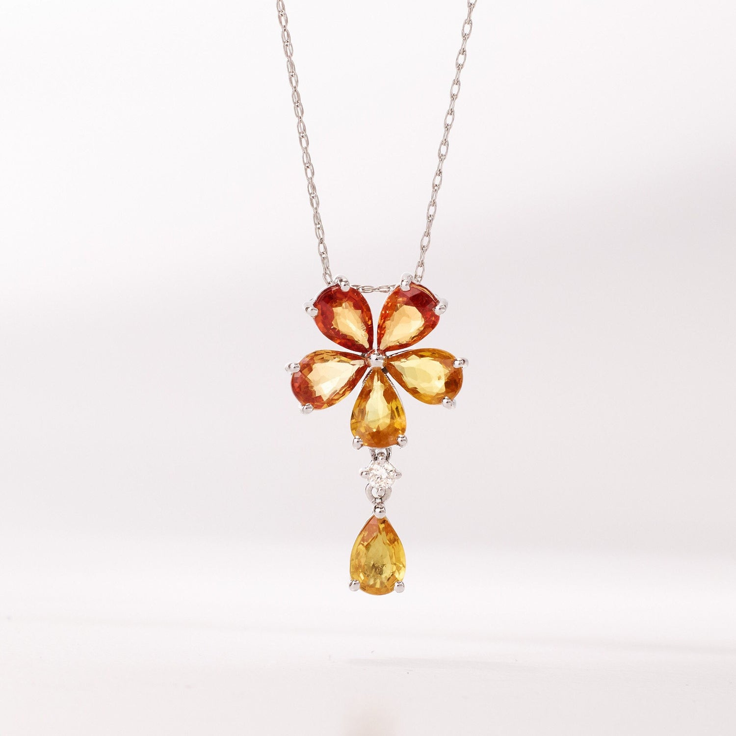 18K Gold Nature Diamond &amp; Fancy Sapphire Flower Pendant