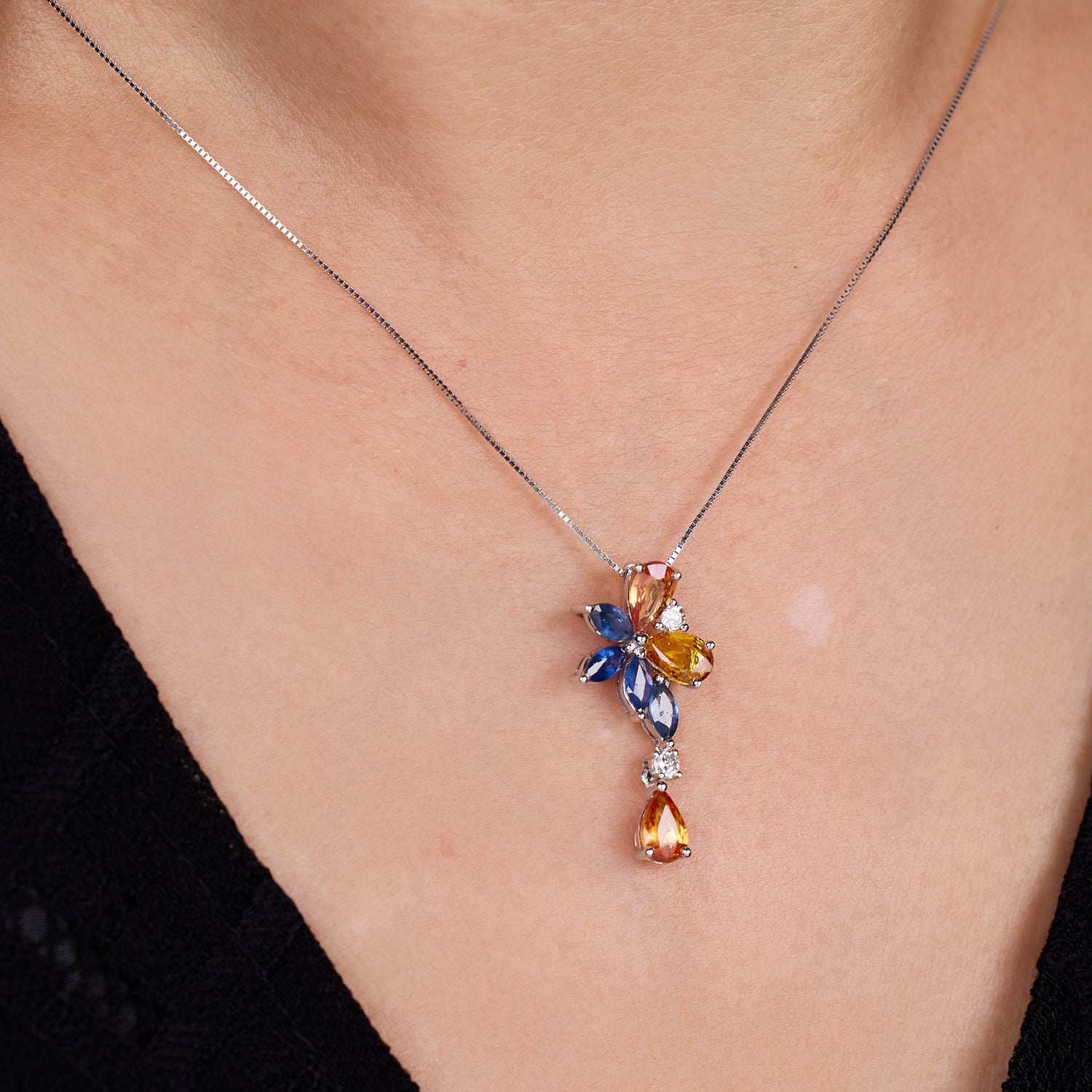 18K Gold Nature Diamond &amp; Fancy Sapphire Drop Pendant