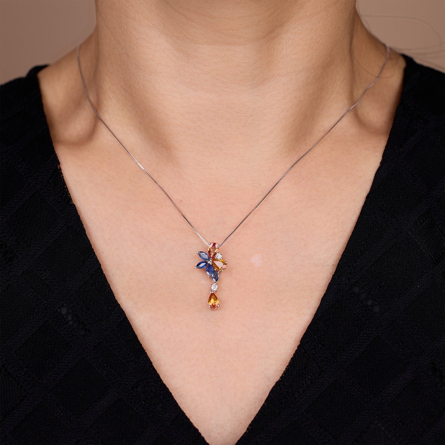 18K Gold Nature Diamond &amp; Fancy Sapphire Drop Pendant