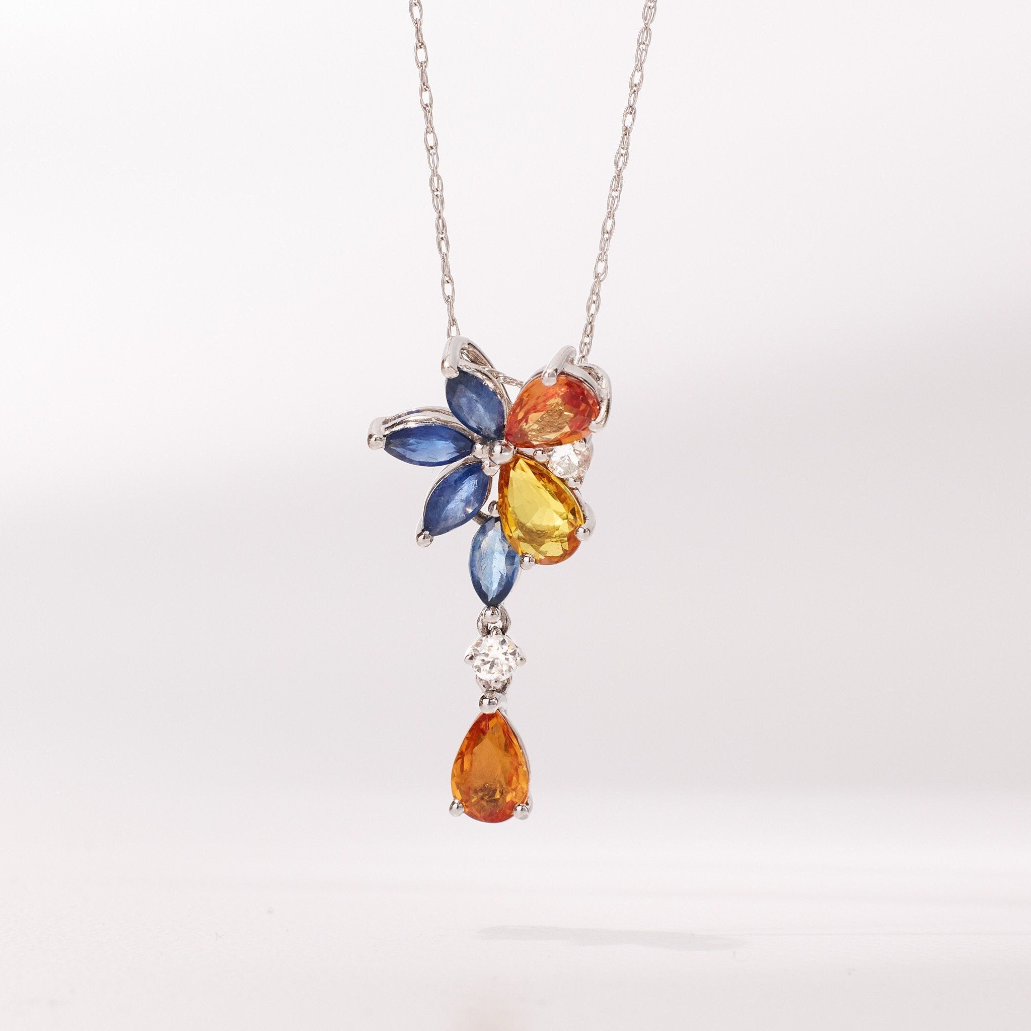 18K Gold Nature Diamond &amp; Fancy Sapphire Drop Pendant