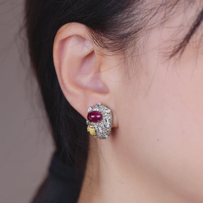 18K Gold Diamond and Ruby Hoop Earrings