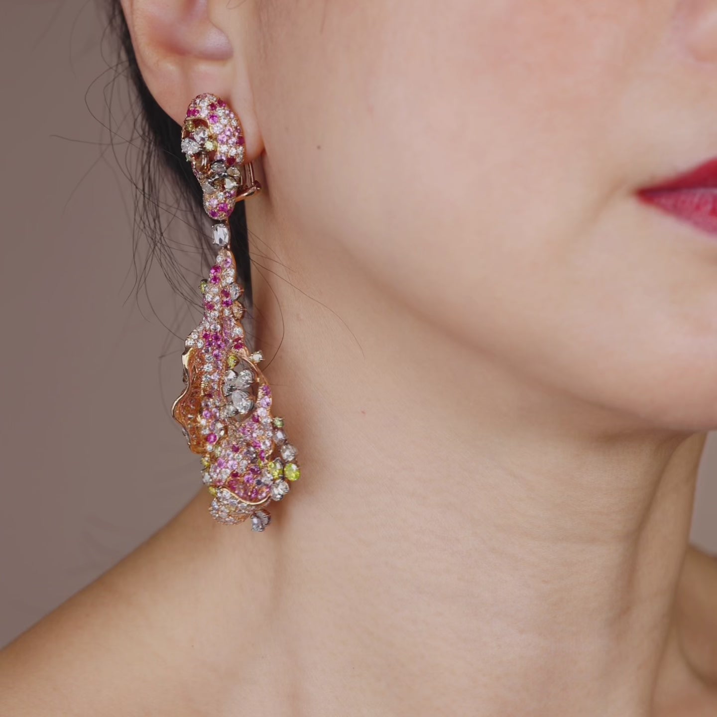 18K Gold Color Sapphire, Diamond &amp; Ruby Evening Party Earrings