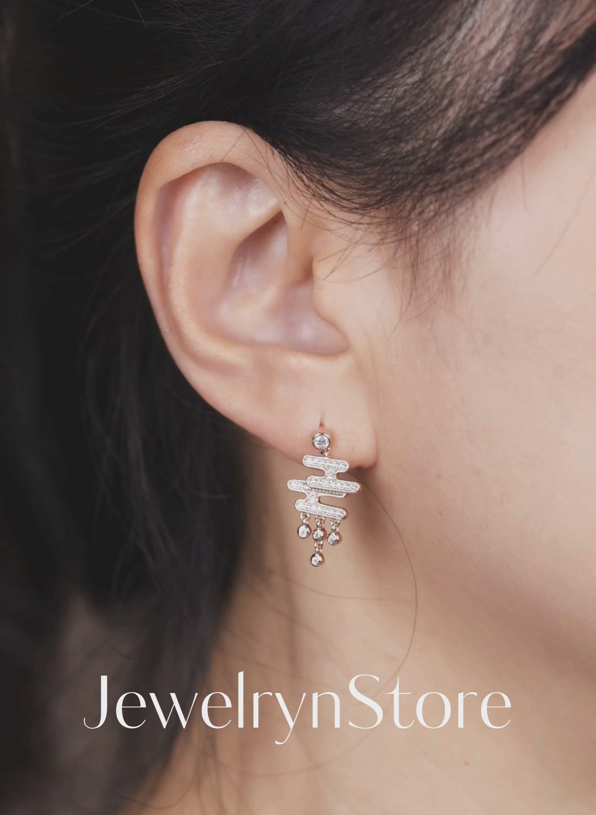 925 Silver Japanese-Inspired Diamond Drop Earrings